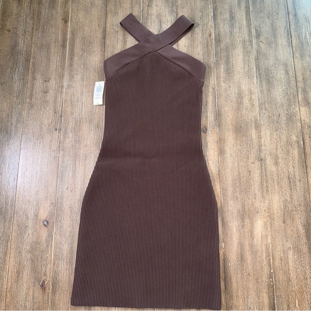 Aritzia Babaton Sculpt Knit Dress Coffee Bean Bodycon Crossover Ftont Mini - Picture 2 of 11